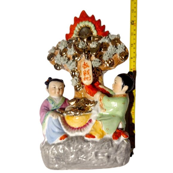 Vintage Antique Chinese Ornate Porcelain Sculpture Boy Girl Gold Tree of Life 13 - Picture 11 of 13